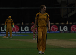 Emma Sampson walking back to her bowling mark